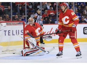 The Toronto Maple Leafs score on Calgary Flames goaltender David Rittich during NHL action at the Scotiabank Saddledome in Calgary on Monday March 4, 2019.  Gavin Young/Postmedia