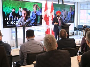 Navdeep Bains, Minister of Innovation, Science and Economic Development speaks at Cisco Systems Canada in Calgary on Wednesday, March 6, 2019.