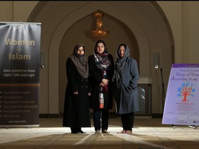 From left; Khalida Noori, Mubarika Kalim and Nasreen Siddiqui are helping to organize an event to celebrate International Women's Day. The women with the Ahmadiyya Muslim Women Association of Calgary has organized an information exhibit, seminar, fun activities and a dinner at the Baitun Nur Mosque on Saturday. The three women were photographed in the mosque on Thursday, March 7, 2019.