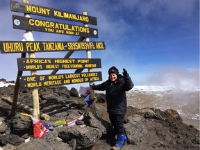 Calgarian Cathy Buick, 67, summited Mount Kilimanjaro in February. Despite hiking without any of her equipment, which was lost in transit, and suffering third degree burns to her nose and lips, frostbite to her hands and going temporarily blind in one eye, Buick made it to the summit in eight days. (Provided / Cathy Buick)