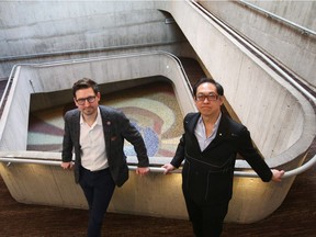 David Leinster, CEO of Contemporary Calgary, (L) and Bruce Kuwabara, of KPMB Archictects, pose in the spiral ramp at the former Centennial Planetarium. It will be transformed into Contemporary Calgary, a contemporary arts gallery.