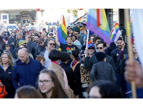Hundreds of supporters came out for the Calgary March for Gay-Straight Alliances at Marda Loop and marched to Doug Schweitzer's camapign office in Calgary on Thursday, March 28, 2019. Darren Makowichuk/Postmedia