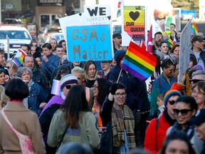 Hundreds of supporters came out for the Calgary March for Gay-Straight Alliances at Marda Loop and marched to Doug Schweitzer's campaign office in Calgary on Thursday, March 28, 2019. (Darren Makowichuk/Postmedia)