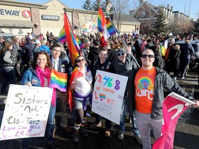 Hundreds of supporters participate in the Calgary March for Gay-Straight Alliances at Marda Loop on Thursday, March 28, 2019.