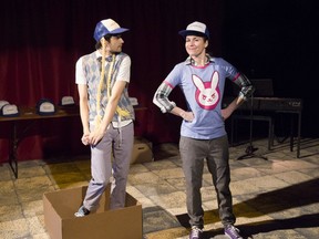 A rehearsal shot from Lunchbox Theatre's production of Gutenberg.