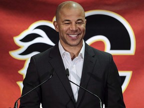 Former Calgary Flames captain Jarome Iginla announces his retirement from the NHL, after playing 20 seasons, at a news conference in Calgary on July 30, 2018. (THE CANADIAN PRESS/Jeff McIntosh)