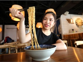 Lambo Noodle Bar's, Phoebe Huang with the Beef Brisket Noodle dish at the Lambo Noodle Bar located at 222 16 Ave NE, Unit 7 for Off The Menu in Calgary on Thursday February 28, 2019. Darren Makowichuk/Postmedia