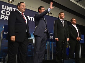The four UCP leadership candidates after a debate on Sept. 28, 2017, in Edmonton: (from left) Jason Kenney, Doug Schweitzer, Brian Jean and Jeff Callaway.