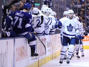 Toronto Maple Leafs centre Auston Matthews celebrates his second period goal against the Tampa Bay Lightning on Monday, March 11, 2019.