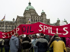 People gather to protest the oil industry in Victoria. The B.C. city’s holier-than-thou attitude toward energy companies has to be contrasted with its enthusiasm for more CO2-spouting cruise-ship tourism.