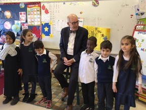 Alberta Party Leader Stephen Mandel announced on Thursday the party wants to double the number of educational assistants working in the province's classrooms within two years, and ramp up the budget for inclusive education. He was flanked by Grade 1 students at At-Mustafa Academy in south Edmonton on Thursday, March 21, 2019.