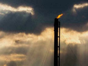 A gas flare burns on an oil field near Cheapside, Texas.