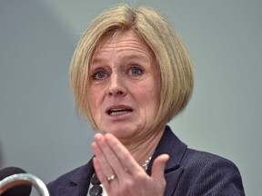 Premier Rachel Notley holds an advance news conference with highlights for the upcoming 2019 throne speech on March 18, 2019.