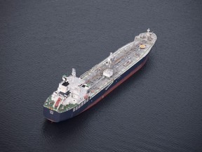 A tanker is anchored in Burrard Inlet just outside of Burnaby, B.C.