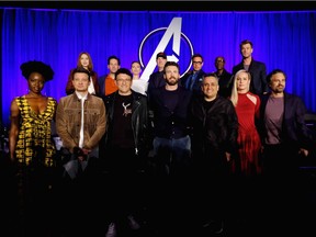 LOS ANGELES, CA - APRIL 07: (front L-R) Danai Gurira, Jeremy Renner, Director Anthony Russo, Chris Evans, Director Joe Russo, Brie Larson and Mark Ruffalo, (back L-R) Karen Gillan, Paul Rudd, Scarlett Johansson, President of Marvel Studios/Producer Kevin Feige, Robert Downey Jr., Don Cheadle and Chris Hemsworth onstage during Marvel Studios' "Avengers: Endgame" Global Junket Press Conference at the InterContinental Los Angeles Downtown on April 7, 2019 in Los Angeles, California.
