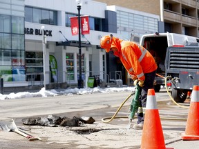 After pausing construction during the Calgary Flames playoff run, crews are now beginning road and utility construction on 17 Ave. S.W. Itís the last season for this work on the Avenue in Calgary on Monday, April 29, 2019. Darren Makowichuk/Postmedia