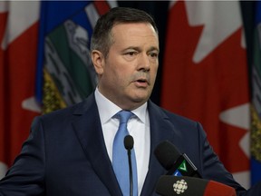 UCP Leader Jason Kenney speaks to the media as he responds to the speech from the throne at the Alberta legislature in Edmonton on March 18, 2019.