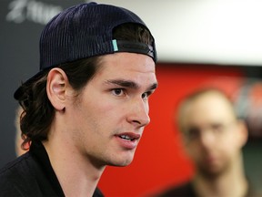 Calgary Flames forward Sean Monahan speaks with media as the team cleaned out their lockers on Monday April 22, 2019, following the Flames' early exit from the Stanley Cup playoffs.  Gavin Young/Postmedia