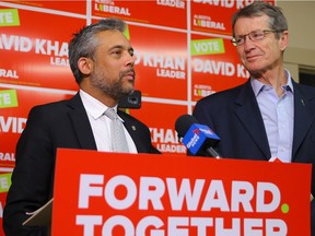 Alberta Liberal Party Leader David Khan and outgoing MLA David Swann during the unveiling of the Alberta Liberal's full platform before the 2019 election in Calgary on Monday, April 8, 2019. Al Charest/Postmedia