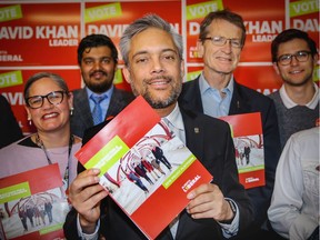 Alberta Liberal leader David Khan poses for a photo after unveiling his party's full platform in Calgary on Monday, April 8, 2019.