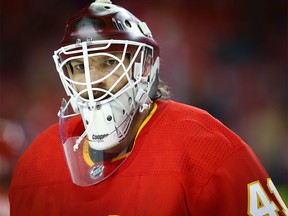 Calgary Flames Mike Smith during the pre-game skate before facing the Colorado Avalanche in game two of the Western Conference First Round in the 2019 NHL Stanley Cup Playoffs at the Scotiabank Saddledome in Calgary on Saturday, April 13, 2019. Al Charest/Postmedia