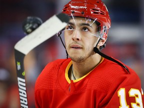 Calgary Flames forward Johnny Gaudreau during the pre-game skate before facing the Colorado Avalanche in Game 2 of the Western Conference First Round in the 2019 NHL Stanley Cup Playoffs at the Scotiabank Saddledome in Calgary on April 13, 2019. File photo by Al Charest/Postmedia.