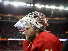 Calgary Flames Mike Smith during the pre-game skate before facing the Colorado Avalanche in game five of the Western Conference First Round in the 2019 NHL Stanley Cup Playoffs at the Scotiabank Saddledome in Calgary on Friday, April 19, 2019. Al Charest/Postmedia