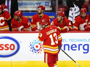 Calgary Flames Johnny Gaudreau reacts after giving up a goal to the Colorado Avalanche in game two of the Western Conference First Round during the 2019 NHL Stanley Cup Playoffs at the Scotiabank Saddledome in Calgary on Friday, April 19, 2019. Al Charest/Postmedia