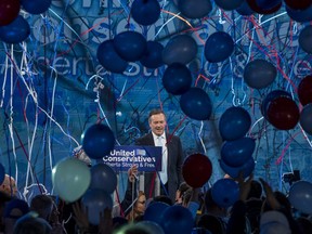Jason Kenney, leader of the United Conservative Party, delivers his victory speech at a party event in Calgary, Alberta, Canada, on Tuesday, April 16, 2019.