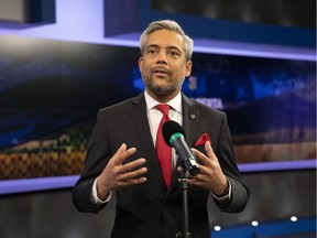 Alberta Liberal Party leader David Khan speaks to the media after the 2019 Alberta Leaders Debate in Edmonton, Alta., on Thursday, April 4, 2019.