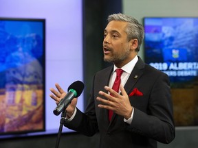 Alberta Liberal Party leader David Khan speaks to the media after the 2019 Alberta Leaders Debate in Edmonton, Alta., on Thursday, April 4, 2019.