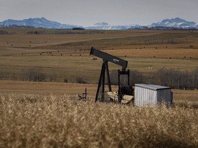 A decommissioned pumpjack is shown at a well head on an oil and gas installation near Cremona, Alta.