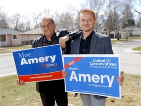 Former PC MLA, Moe Amery with his son newly elected UCP MLA, Mickey Amery in Calgary on Thursday, April 18, 2019. Darren Makowichuk/Postmedia