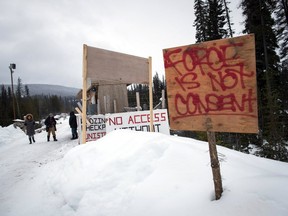 A checkpoint is seen at a bridge leading to the Unist'ot'en camp on a remote logging road near Houston, B.C., on Jan. 17, 2019. The camp is widely known for its role blocking a natural gas company from accessing a work site four kilometres beyond it. Coastal GasLink plans to build a pipeline from northeastern British Columbia to LNG Canada's export terminal in Kitimat on the coast.