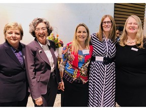 Pictured from left at  the annual Art and Martini reception hosted by DLA Piper (Canada) LLP are: Judy Boyes; Letha MacLachlan; Justice Gillian Marriott; Kelly Ann Fenney, General Counsel, Calgary Board of Education; and Heather Treacy, managing partner (Calgary) DLA Piper (Canada) LLP). Now in its 12th year, the reception showcases artwork by graduating students from the U of C's Department of Art.