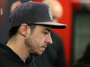 Calgary Flames forward Johnny Gaudreau talks with media as the team cleaned out their lockers on Monday April 22, 2019, following the Flames' early exit from the Stanley Cup playoffs.  Gavin Young/Postmedia