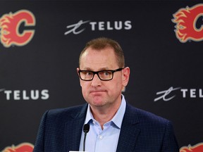 Calgary Flames GM Brad Treliving talks with media after the team cleaned out their lockers on Monday April 22, 2019. Gavin Young/Postmedia