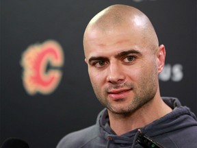 Calgary Flames captain Mark Giordano talks with media as the team cleaned out their lockers on Monday April 22, 2019, following the Flames' early exit from the Stanley Cup playoffs.  Gavin Young/Postmedia