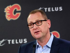 Calgary Flames GM Brad Treliving talks with media after the team cleaned out their lockers on Monday April 22, 2019. Gavin Young/Postmedia