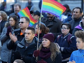 Several hundred people rallied in support of gay straight alliances and Bill 24 at McDougall Centre in Calgary on Nov. 12, 2017. UCP policy in the provincial election campaign would roll back protections for LGBTQ students, says columnist.