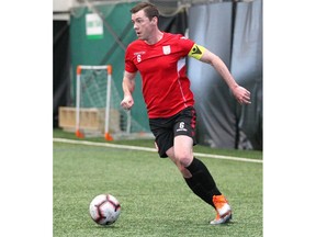 Cavalry FC Nik Ledgerwood moves the ball into the centre of the field during a training session at Foothills Fieldhouse in Calgary on  Tuesday, March 26, 2019. Jim Wells/Postmedia