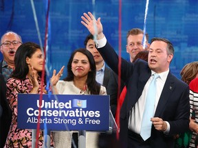 Jason Kenney greets supporters and other UCP candidates at the United Conservative Party 2019 election night headquarters in Calgary, AB onTuesday, April 16, 2019. Jim Wells/Postmedia