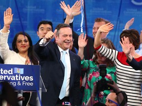 Jason Kenney greets supporters and other UCP candidates at the United Conservative Party 2019 election night headquarters in Calgary, AB onTuesday, April 16, 2019. Jim Wells/Postmedia