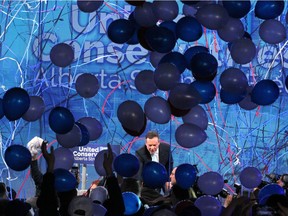 Jason Kenney is showered with streamers and balloons after giving his victory speech at the United Conservative Party 2019 election night headquarters in Calgary, AB onTuesday, April 16, 2019. Jim Wells/Postmedia