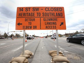 Signage warning drivers of detours on  14 St SW are shown on Saturday, April 20, 2019. Major construction delays are causing headaches for Calgary drivers. Jim Wells/Postmedia