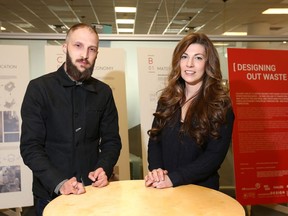 Hayden Pattullo (L) and Kristen Forward (R), both Masters students in the University of Calgary's Environmental Design, pose in the old central library Thursday, April 25, 2019. The University has partnered with the City of Calgary to create an environmental design lab in the former location of the central ibrary in downtown Calgary. Jim Wells/Postmedia