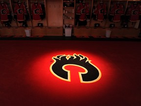 The Calgary Flames dressing room at the Scotiabank Saddledome.