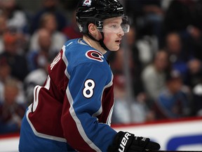 Colorado Avalanche defenseman Cale Makar drops back to defend in the second period of Game 3 of a first-round NHL hockey playoff series against the Calgary Flames, Monday, April 15, 2019, in Denver. The game was the first in the NHL for Makar. (AP Photo/David Zalubowski) ORG XMIT: CODZ116