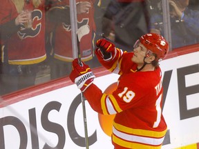 Calgary Flames, Matthew Tkachuk scores on Colorado Avalanche goalie, Philipp Grubauer in second period action of game 1 of the NHL Play-Offs at the Scotiabank Saddledome in Calgary on  Thursday, April 11, 2019. Darren Makowichuk/Postmedia