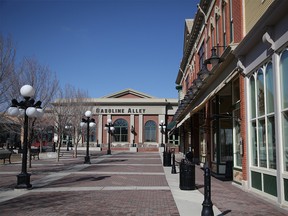 The exterior of Gasoline Alley, nestled amongst shops and restaurants in Heritage Town Square, Heritage Park’s most recent and largest expansion